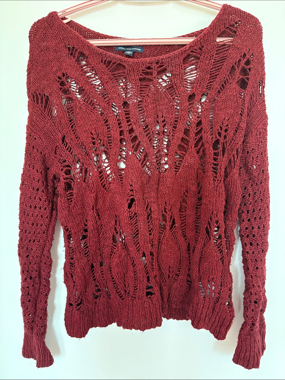 American Eagle Outfitters Openwork Burnt Red Crewneck Sweater